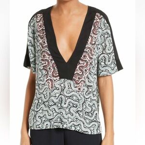 A.L.C. Lilias Plunging Silk Top Blouse Mint Blue Black Floral Print Size 10